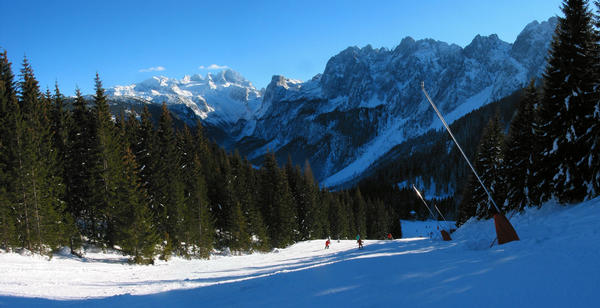 Familien Skigebiet Dachstein West:  Bergpanorama
Vor einem eindrucksvollen Bergpanorama geht es hinunter zur Talstation der Zwieselalm Bahn 2.