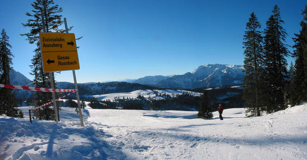 Family skiing area Dachstein West:  Falmberg panorama
By the climbing out from the mountain Falmberg, T-bar lift ,  one can decide between  Russbach Gosau in the one and Zwieselalm and  Annaberg in other direction.